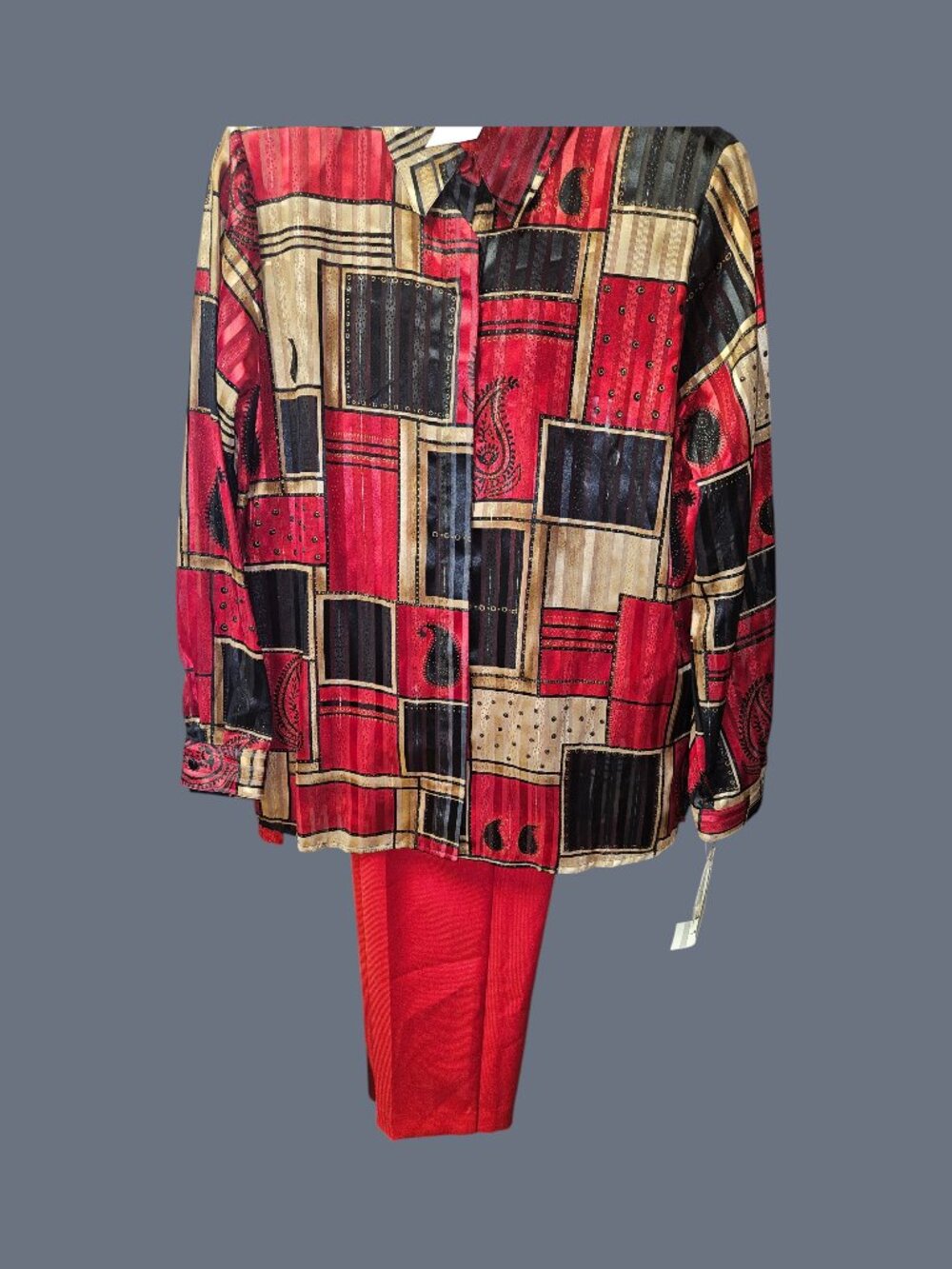 Vintage Red Patterned Blouse and Pants Set - 25% Off When You Bundle 5+ Items!